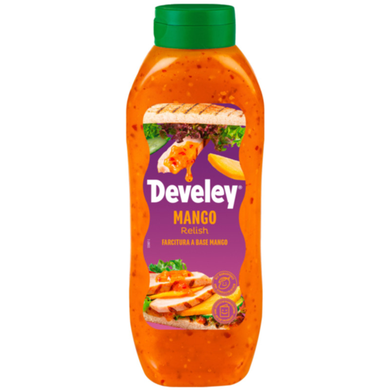 Develey Relish Sauce Mango 875 ml fruchtig exotische Relish Sauce für Burger Sandwiches und Fingerfood